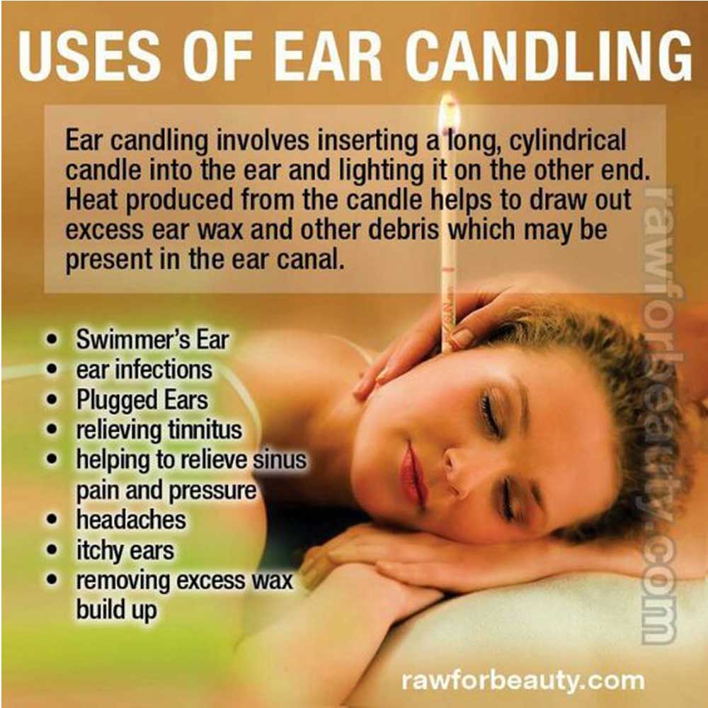 An ear candling session, with the candle held steady by a second person
